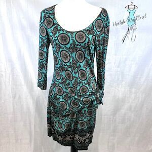 Max Edition long sleeve aqua and black medallion print tie side dress size LP